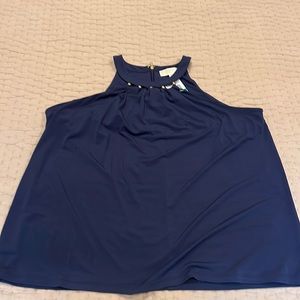 Michael Kors Navy blouse with gold bead accents around neck